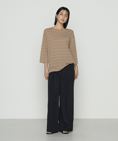 K.T KIYOKO TAKASE(キヨコタカセ)の「モダールコットン14G天竺 ニットプルオーバー(Tシャツ/カットソー・レディース・キャメル/ネイビー・FREE)」の7枚目の写真