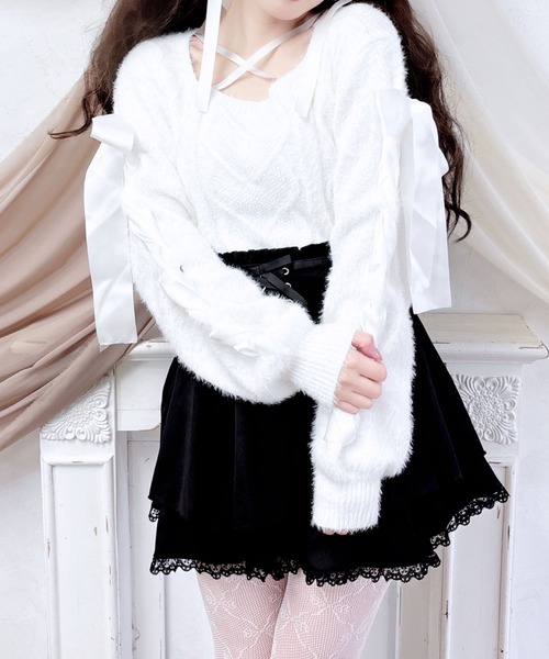 MA*RS(アメーバーマーズ)の「スクエア開きリボンケーブルニット(ニット/セーター・レディース・ホワイト/ピンク/ブラック・FREE)」の2枚目の写真