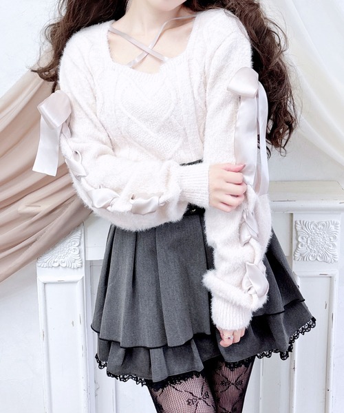 MA*RS(アメーバーマーズ)の「スクエア開きリボンケーブルニット(ニット/セーター・レディース・ホワイト/ピンク/ブラック・FREE)」の3枚目の写真