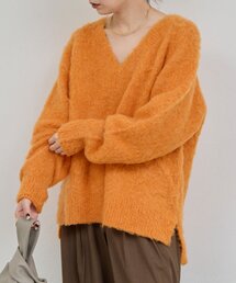 【ガリャルダガランテ】オーバーラクーン　Vネック　ニット　イエロー　ふわふわ GALLARDAGALANTE ニット セーター ファーVネックカーディガン