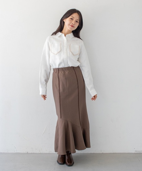 HER CLOSET(ハークローゼット)の「【HER CLOSET】25AW新作 ジャガード サテンシャツブラウス JACQUARD SATIN SHIRT BLOUSE(シャツ/ブラウス・レディース・ネイビー/スモークピンク/アイボリー・MEDIUM)」の6枚目の写真