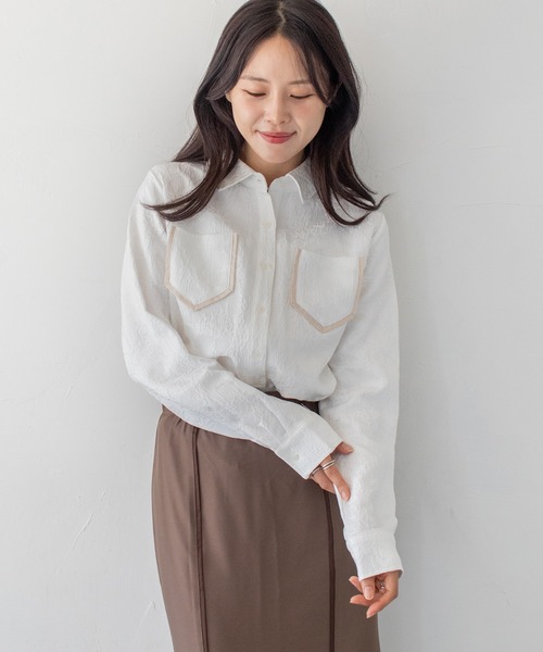 HER CLOSET(ハークローゼット)の「【HER CLOSET】25AW新作 ジャガード サテンシャツブラウス JACQUARD SATIN SHIRT BLOUSE(シャツ/ブラウス・レディース・ネイビー/スモークピンク/アイボリー・MEDIUM)」の10枚目の写真