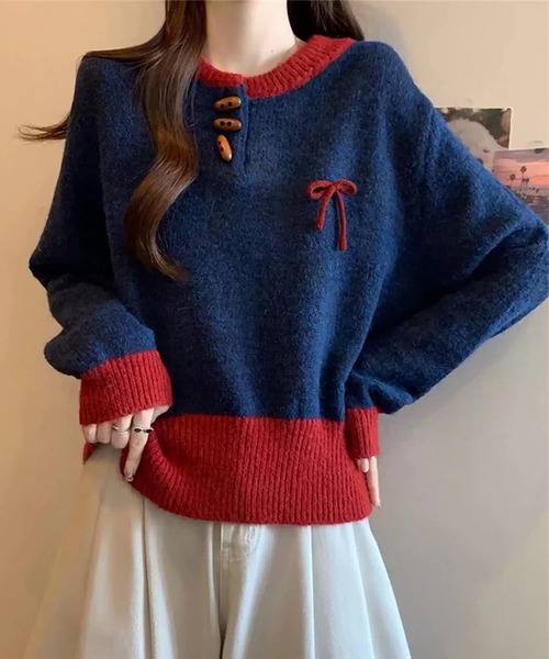 Girly Doll(ガーリードール)の「ヘンリーネック配色リボンニット(ニット/セーター・レディース・ブルー/グレー/ホワイト・FREE)」の7枚目の写真