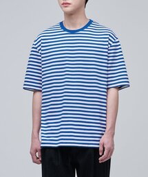 ストライプリラックスクルーネックTシャツ[ブルー]