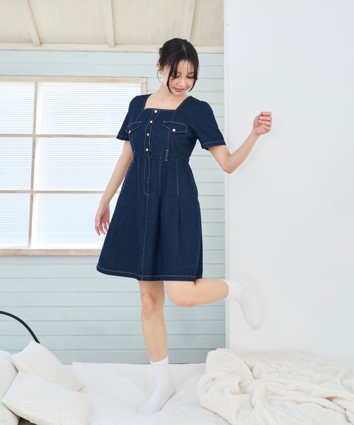 square neck denim mini dress/スクエアネックデニムミニワンピース