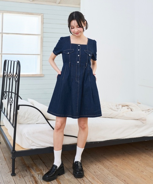 square neck denim mini dress/スクエアネックデニムミニワンピース 