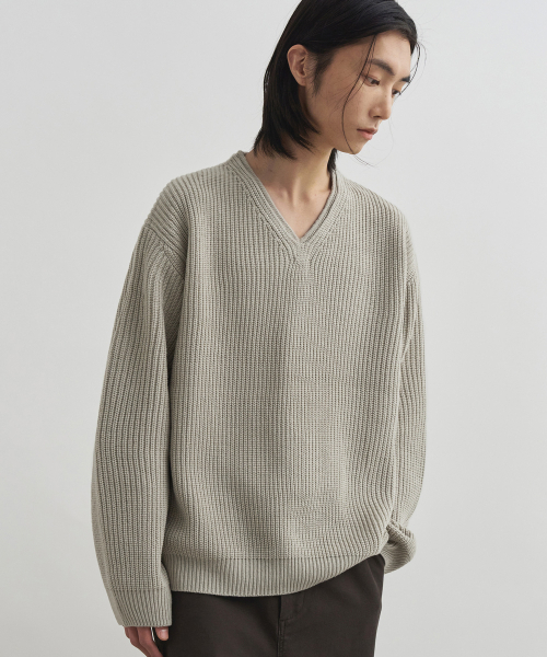 Кожаный V‑neck пуловер oversize [L.GREY]