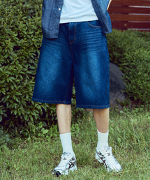 wide bermuda denim pants deep blue