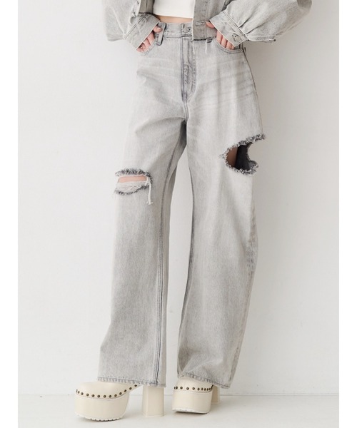 EVRIS（エヴリス）の「カットアウトハイウエストワイドデニムパンツ【セットアップ着用可能】（デニムパンツ・レディース・インディゴブルー/グレー/ブルー・SMALL/MEDIUM）」の2枚目の写真