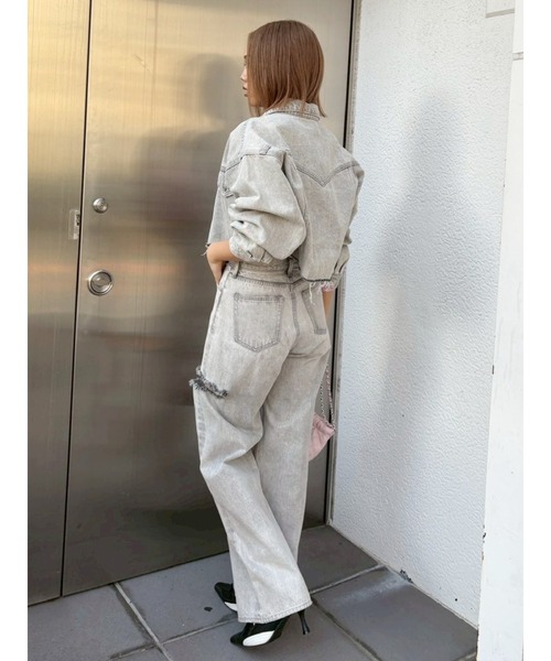 EVRIS（エヴリス）の「カットアウトハイウエストワイドデニムパンツ【セットアップ着用可能】（デニムパンツ・レディース・インディゴブルー/グレー/ブルー・SMALL/MEDIUM）」の4枚目の写真