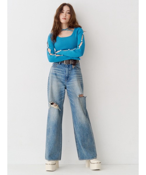 EVRIS（エヴリス）の「カットアウトハイウエストワイドデニムパンツ【セットアップ着用可能】（デニムパンツ・レディース・インディゴブルー/グレー/ブルー・SMALL/MEDIUM）」の14枚目の写真