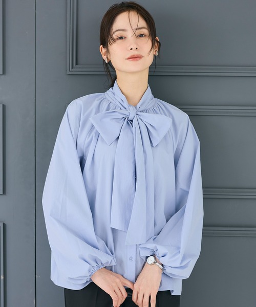 coca(coca)(コカ)の「ボウタイブラウス| セレモニー オフィス ママスーツ フォーマルウェア スーツ 卒業式(シャツ/ブラウス・レディース・ライトブルー/ホワイト・L/M)」の1枚目の写真
