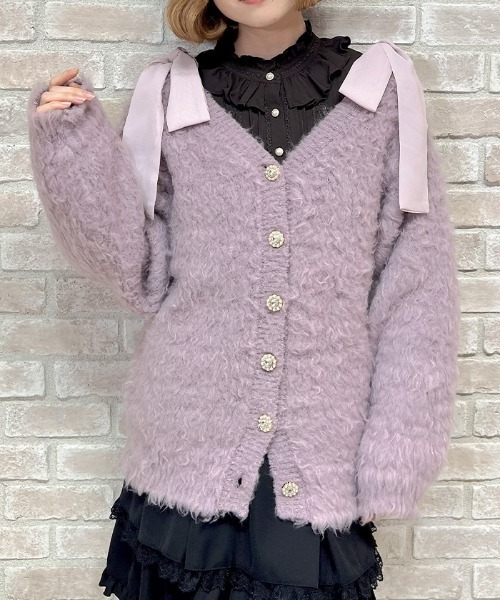 axes femme POETIQUE(アクシーズファムポエティック)の「ウェーブファーニットカーディガン(カーディガン/ボレロ・レディース・ブラック/ラベンダー/キナリ・MEDIUM)」の1枚目の写真