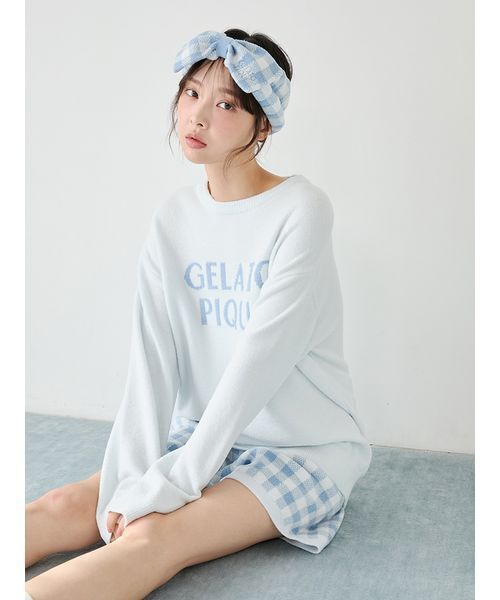 ★新品!!gelato pique ライトブルー ルームウェアセット★ ロゴプルオーバー&チェックショートパンツセット（ルームウェア