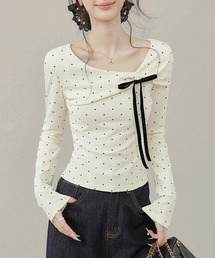 【大人ドット×リボンの上品カットソー♪】ドット柄アシメネックT