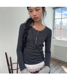 MIX POINT LONG SLEEVE BUTTON T-SHIRT-CHARCOAL