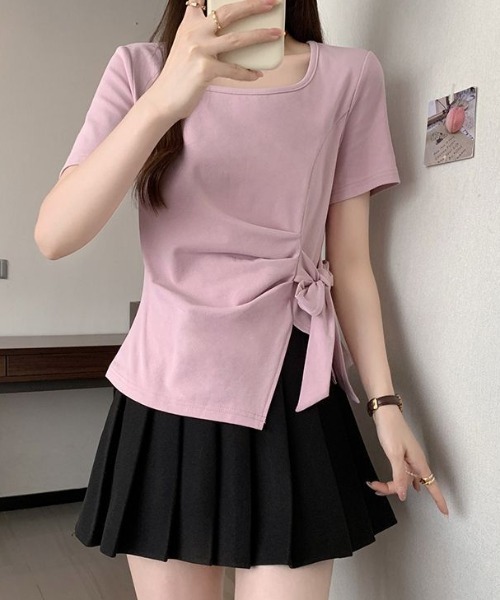 Teem Store(チームストア)の「【カラバリ】サイドリボンカシュクールTシャツ(Tシャツ/カットソー・レディース・イエロー/ネイビー/グリーン/ホワイト/サックスブルー/ブラック/パープル・F)」の6枚目の写真