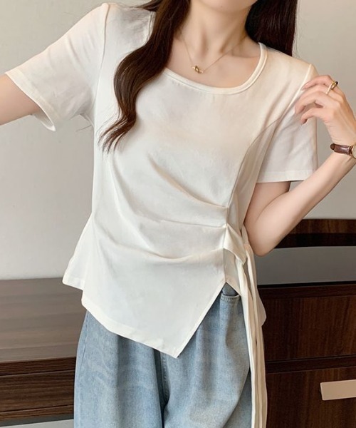 Teem Store(チームストア)の「【カラバリ】サイドリボンカシュクールTシャツ(Tシャツ/カットソー・レディース・イエロー/ネイビー/グリーン/ホワイト/サックスブルー/ブラック/パープル・F)」の12枚目の写真