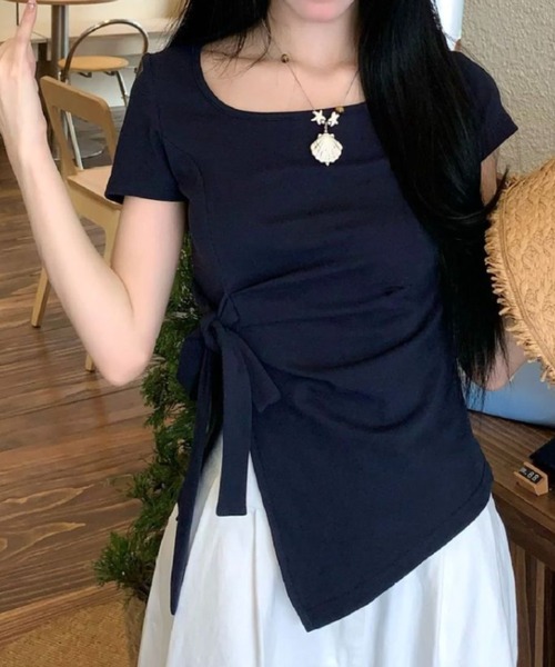 Teem Store(チームストア)の「【カラバリ】サイドリボンカシュクールTシャツ(Tシャツ/カットソー・レディース・イエロー/ネイビー/グリーン/ホワイト/サックスブルー/ブラック/パープル・F)」の20枚目の写真