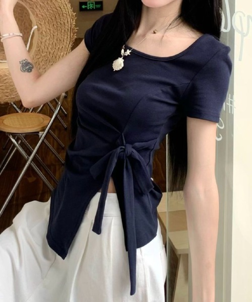 Teem Store(チームストア)の「【カラバリ】サイドリボンカシュクールTシャツ(Tシャツ/カットソー・レディース・イエロー/ネイビー/グリーン/ホワイト/サックスブルー/ブラック/パープル・F)」の21枚目の写真