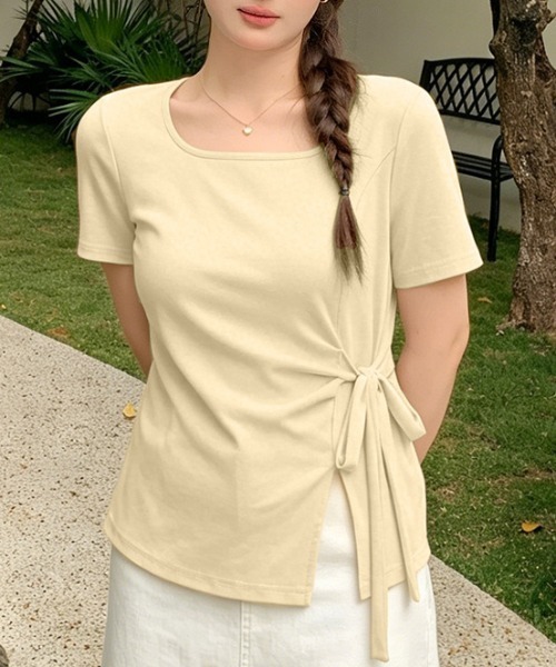 Teem Store(チームストア)の「【カラバリ】サイドリボンカシュクールTシャツ(Tシャツ/カットソー・レディース・イエロー/ネイビー/グリーン/ホワイト/サックスブルー/ブラック/パープル・F)」の11枚目の写真