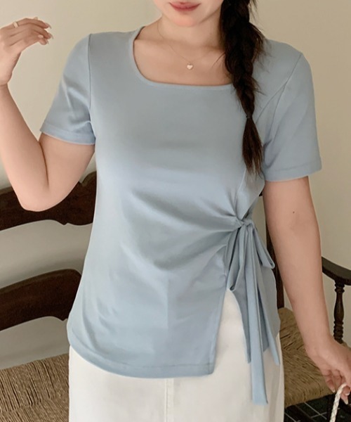 Teem Store(チームストア)の「【カラバリ】サイドリボンカシュクールTシャツ(Tシャツ/カットソー・レディース・イエロー/ネイビー/グリーン/ホワイト/サックスブルー/ブラック/パープル・F)」の10枚目の写真