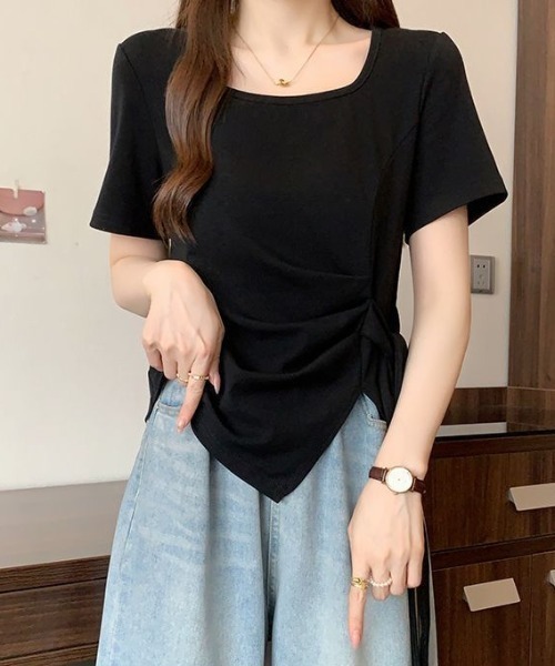 Teem Store(チームストア)の「【カラバリ】サイドリボンカシュクールTシャツ(Tシャツ/カットソー・レディース・イエロー/ネイビー/グリーン/ホワイト/サックスブルー/ブラック/パープル・F)」の9枚目の写真