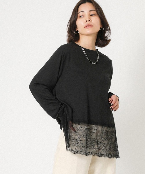 Floran（フローラン）の「裾レースレイヤードロンT（Tシャツ/カットソー・レディース・オフホワイト/ブラック・FREE）」の2枚目の写真