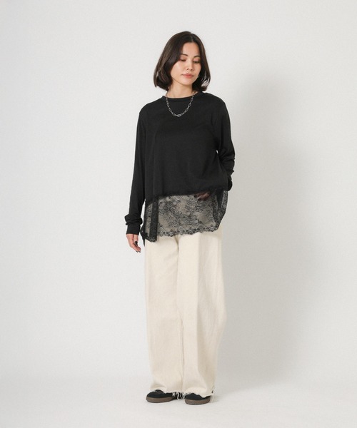 Floran（フローラン）の「裾レースレイヤードロンT（Tシャツ/カットソー・レディース・オフホワイト/ブラック・FREE）」の7枚目の写真