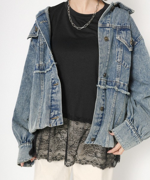 Floran（フローラン）の「裾レースレイヤードロンT（Tシャツ/カットソー・レディース・オフホワイト/ブラック・FREE）」の15枚目の写真