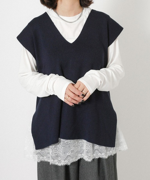 Floran（フローラン）の「裾レースレイヤードロンT（Tシャツ/カットソー・レディース・オフホワイト/ブラック・FREE）」の12枚目の写真