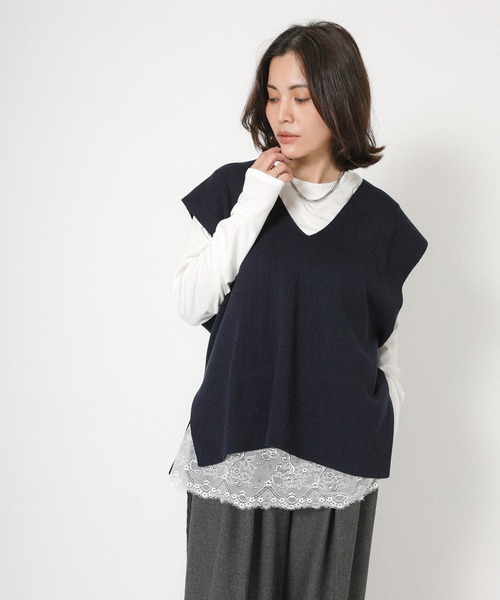 Floran（フローラン）の「裾レースレイヤードロンT（Tシャツ/カットソー・レディース・オフホワイト/ブラック・FREE）」の11枚目の写真