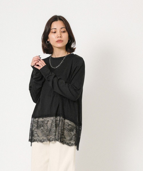Floran（フローラン）の「裾レースレイヤードロンT（Tシャツ/カットソー・レディース・オフホワイト/ブラック・FREE）」の8枚目の写真