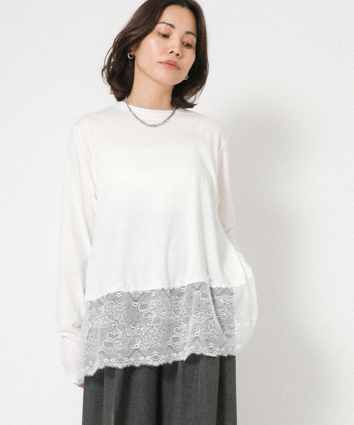 Floran（フローラン）の「裾レースレイヤードロンT（Tシャツ/カットソー・レディース・オフホワイト/ブラック・FREE）」の4枚目の写真