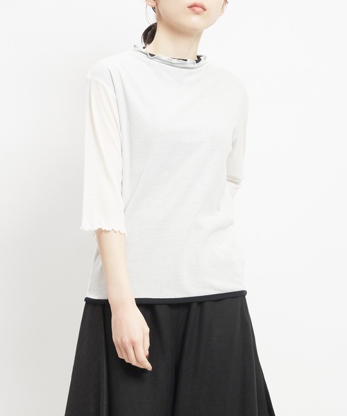gomme(ゴム)の「80/2強撚天竺 強撚ボトルネックT(Tシャツ/カットソー・レディース・ホワイト×ブラック/ブラック×ホワイト/ブラック×イエロー・MEDIUM)」の1枚目の写真