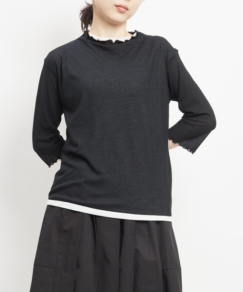gomme(ゴム)の「80/2強撚天竺 強撚ボトルネックT(Tシャツ/カットソー・レディース・ホワイト×ブラック/ブラック×ホワイト/ブラック×イエロー・MEDIUM)」の2枚目の写真