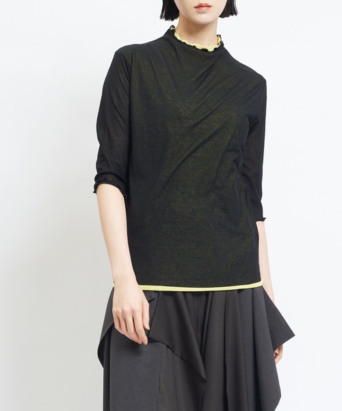 gomme(ゴム)の「80/2強撚天竺 強撚ボトルネックT(Tシャツ/カットソー・レディース・ホワイト×ブラック/ブラック×ホワイト/ブラック×イエロー・MEDIUM)」の3枚目の写真
