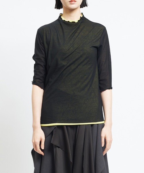 gomme(ゴム)の「80/2強撚天竺 強撚ボトルネックT(Tシャツ/カットソー・レディース・ホワイト×ブラック/ブラック×ホワイト/ブラック×イエロー・MEDIUM)」の14枚目の写真