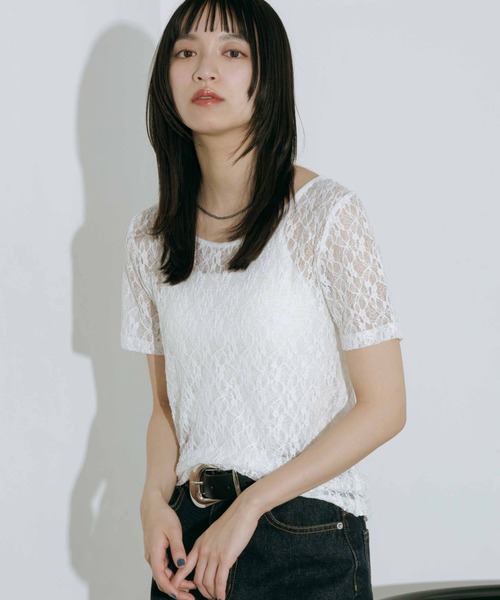 PAGEBOY(ページボーイ)の「バックシアーレースショートスリーブ(Tシャツ/カットソー・レディース・ブラック/オフホワイト・FREE)」の2枚目の写真