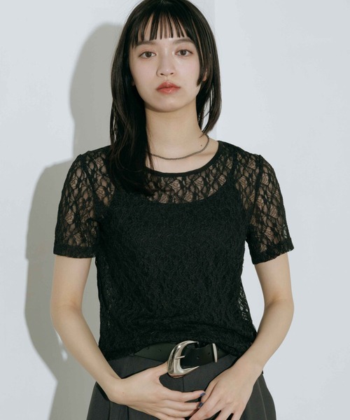 PAGEBOY(ページボーイ)の「バックシアーレースショートスリーブ(Tシャツ/カットソー・レディース・ブラック/オフホワイト・FREE)」の1枚目の写真