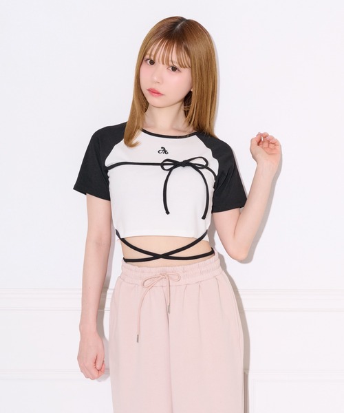 apres jour(アプレジュール)の「クロスリボンリンガーTシャツ(Tシャツ/カットソー・レディース・ブラック/ピンク・フリー/X-LARGE)」の4枚目の写真