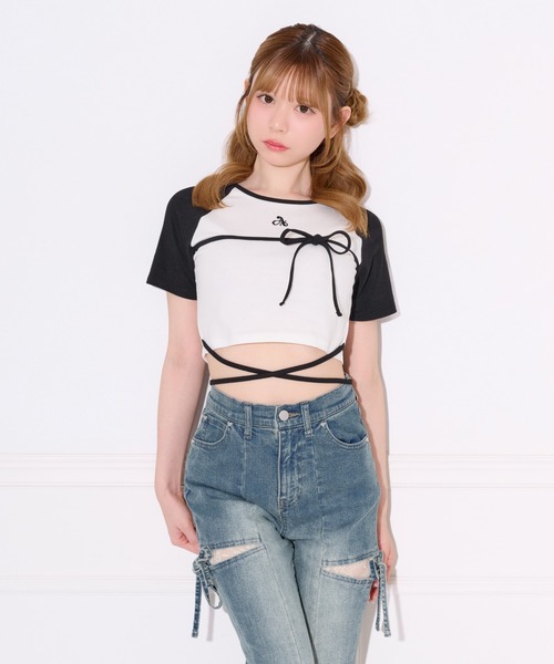 apres jour(アプレジュール)の「クロスリボンリンガーTシャツ(Tシャツ/カットソー・レディース・ブラック/ピンク・フリー/X-LARGE)」の7枚目の写真