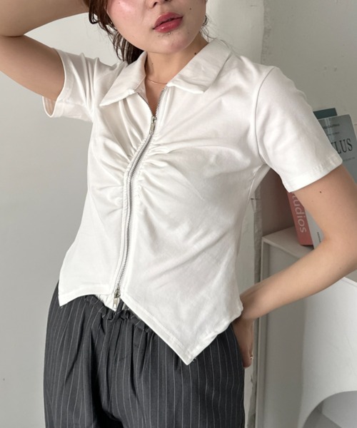 CLEA(クレア)の「ジップギャザー襟付きトップス(Tシャツ/カットソー・レディース・ピンク/ホワイト/アイボリー/ブラック/ライトグレー/ライトブルー・FREE)」の10枚目の写真
