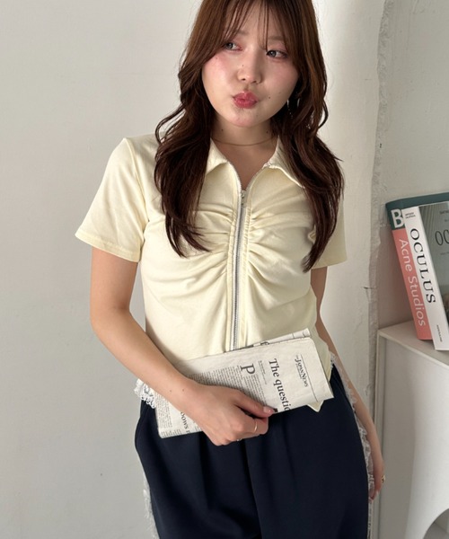 CLEA(クレア)の「ジップギャザー襟付きトップス(Tシャツ/カットソー・レディース・ピンク/ホワイト/アイボリー/ブラック/ライトグレー/ライトブルー・FREE)」の16枚目の写真