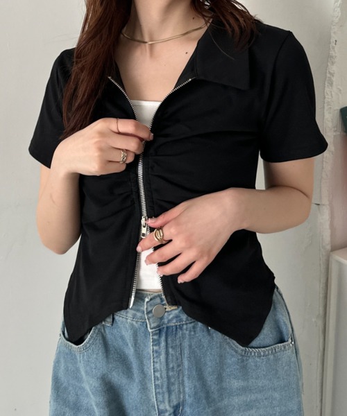 CLEA(クレア)の「ジップギャザー襟付きトップス(Tシャツ/カットソー・レディース・ピンク/ホワイト/アイボリー/ブラック/ライトグレー/ライトブルー・FREE)」の20枚目の写真