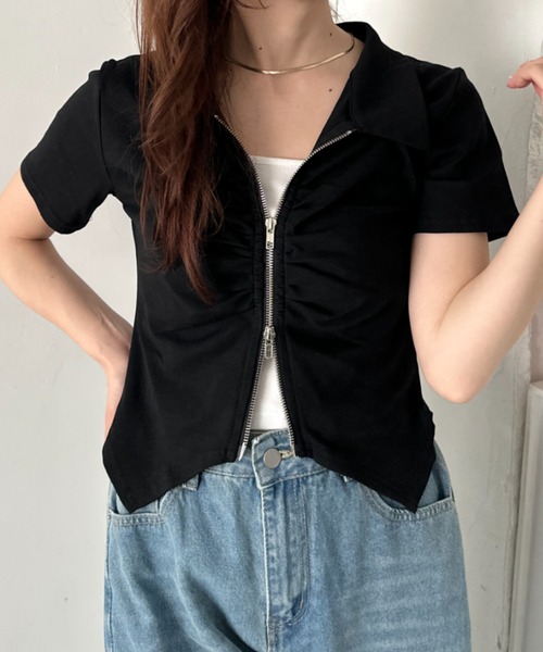 CLEA(クレア)の「ジップギャザー襟付きトップス(Tシャツ/カットソー・レディース・ピンク/ホワイト/アイボリー/ブラック/ライトグレー/ライトブルー・FREE)」の21枚目の写真