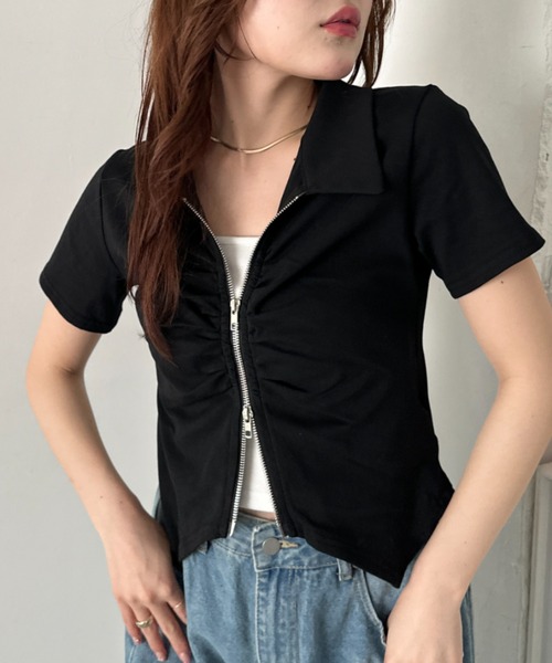 CLEA(クレア)の「ジップギャザー襟付きトップス(Tシャツ/カットソー・レディース・ピンク/ホワイト/アイボリー/ブラック/ライトグレー/ライトブルー・FREE)」の22枚目の写真