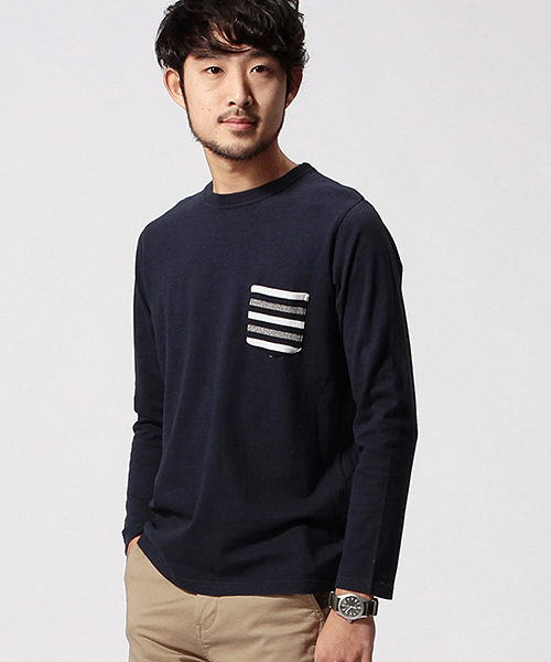 BEAMS（ビームス）の「BEAMS / リブボーダー ポケット ロンTEE（Tシャツ/カットソー・メンズ・ブラック系その他/ネイビー/ホワイト・X-LARGE/MEDIUM/SMALL/LARGE）」の3枚目の写真