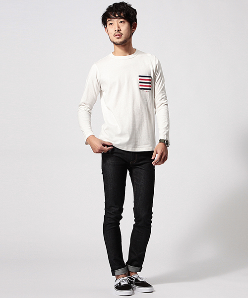 BEAMS（ビームス）の「BEAMS / リブボーダー ポケット ロンTEE（Tシャツ/カットソー・メンズ・ブラック系その他/ネイビー/ホワイト・X-LARGE/MEDIUM/SMALL/LARGE）」の10枚目の写真