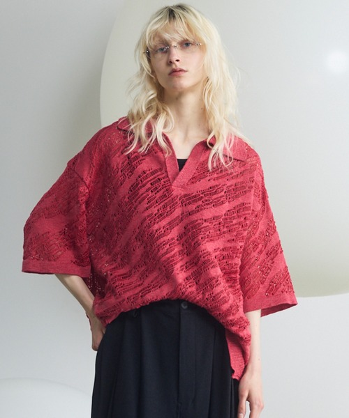 MAISON SPECIAL（メゾンスペシャル）の「《UNISEX》Random Bias Mesh Jacquard Prime-Over Knit T-shirt/ランダムバイアスメッシュジャガードプライムオーバーニットTシャツ【MAISON SPECIAL/メゾンスペシャル】（ポロシャツ・メンズ・ブラック/グレー/レッド・0/1/2）」の3枚目の写真